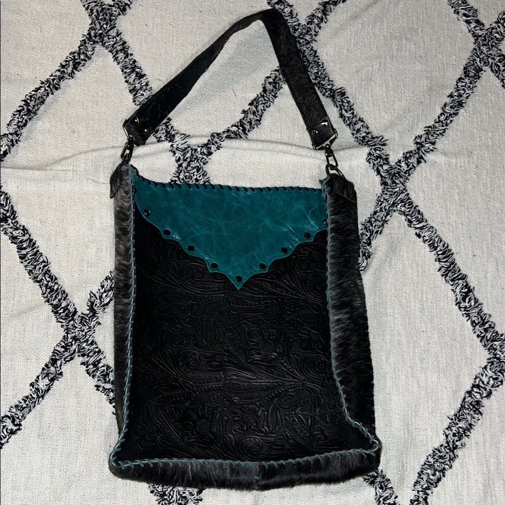 Black and Teal Cowhide and Leather Laptop Tote Bag approx 14” x 17” x 3”
